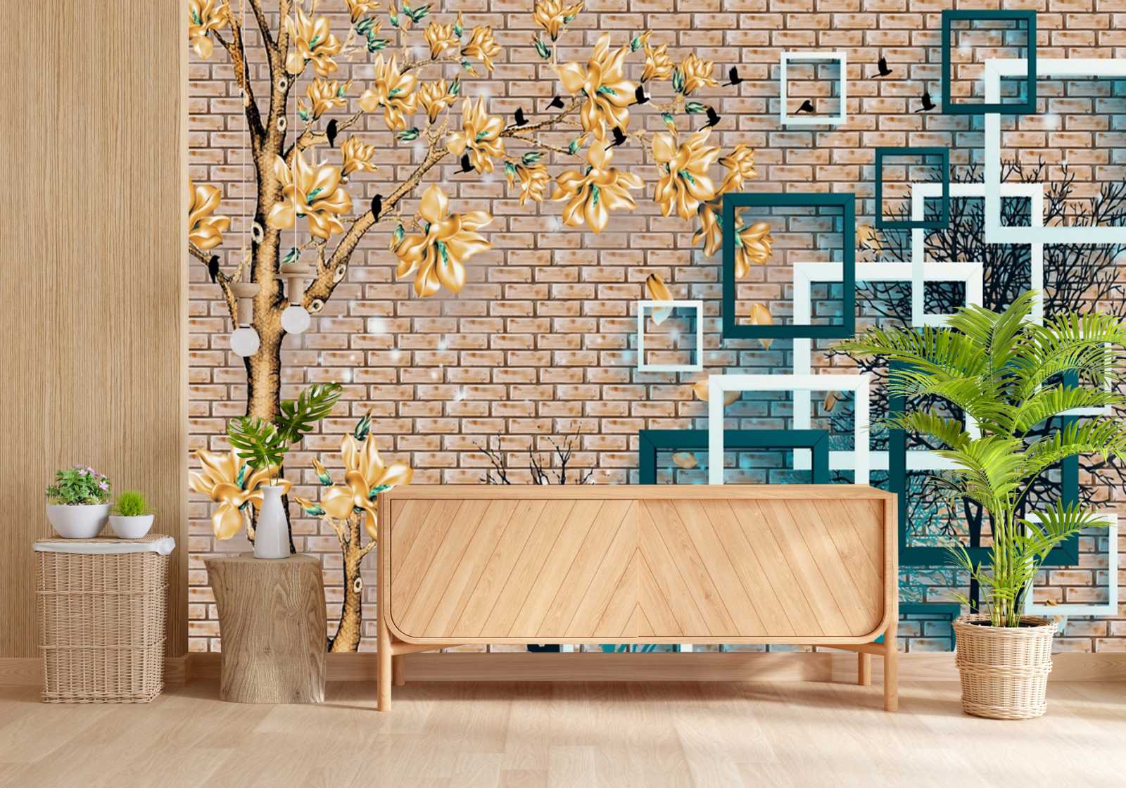 Elegant Golden Floral Pattern With Brick And Geometric Design Wall Mural