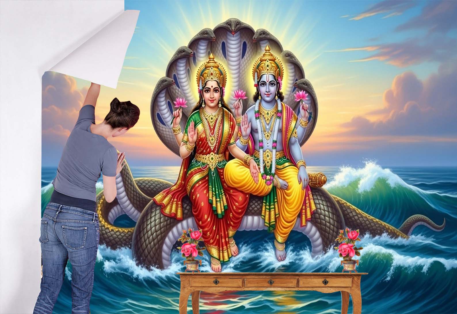 A Timeless Symbol of Faith, Peace And Abundance Lord Vishnu And Goddess Lakshmi Wall Mural