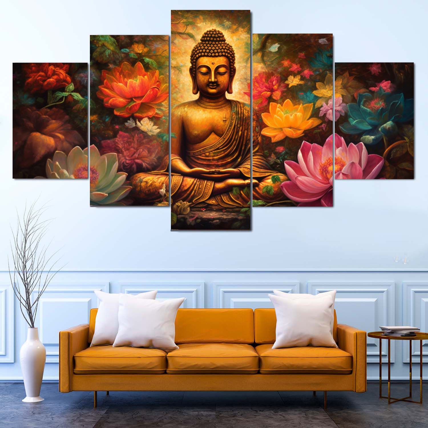 Bring peace, positivity, and spiritual vibes into your home with this beautiful 5 Panel Gautam Buddha Canvas 🪷✨