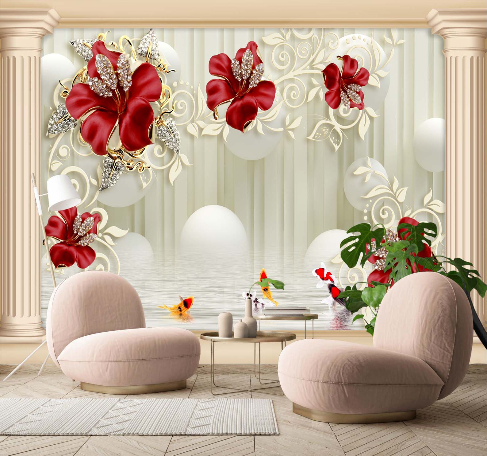 Rich Red 3D Floral Wallpaper Adorned With Crysatl Detailling Wall Mural