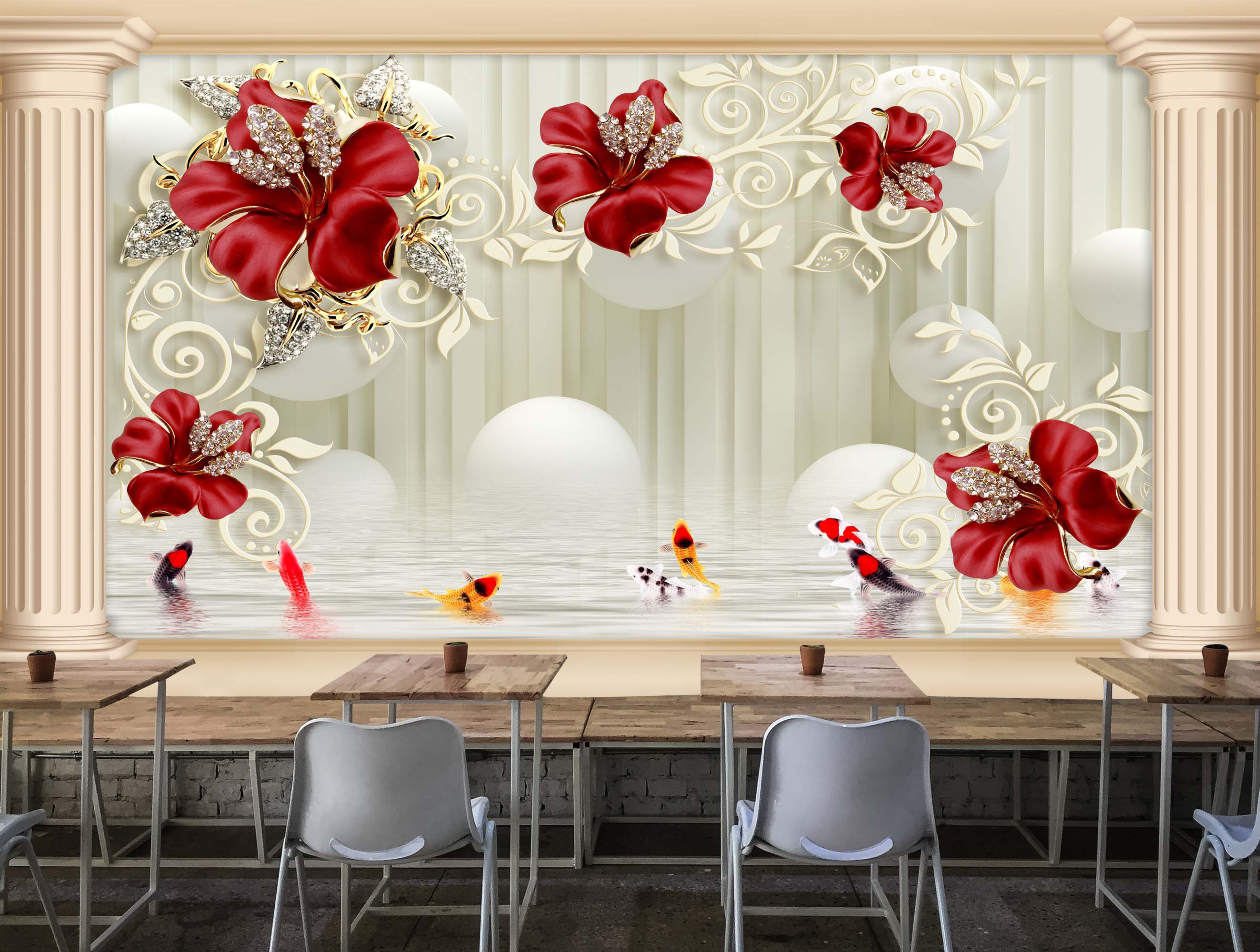 Rich Red 3D Floral Wallpaper Adorned With Crysatl Detailling Wall Mural