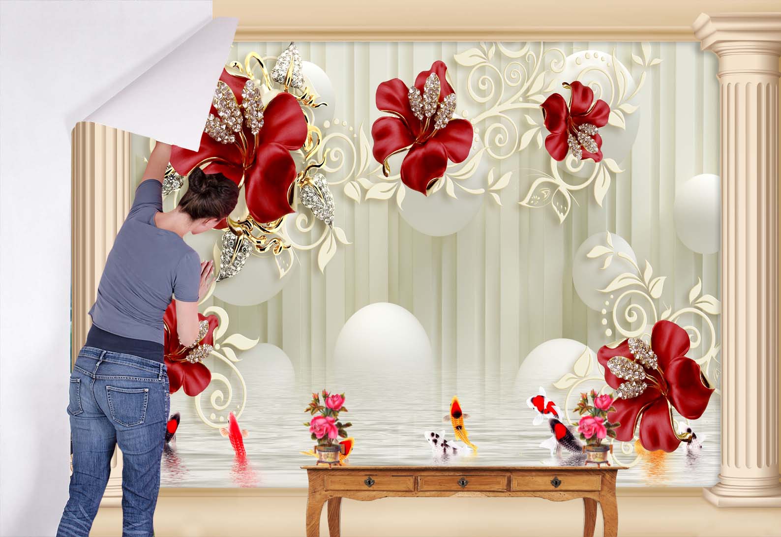 Rich Red 3D Floral Wallpaper Adorned With Crysatl Detailling Wall Mural