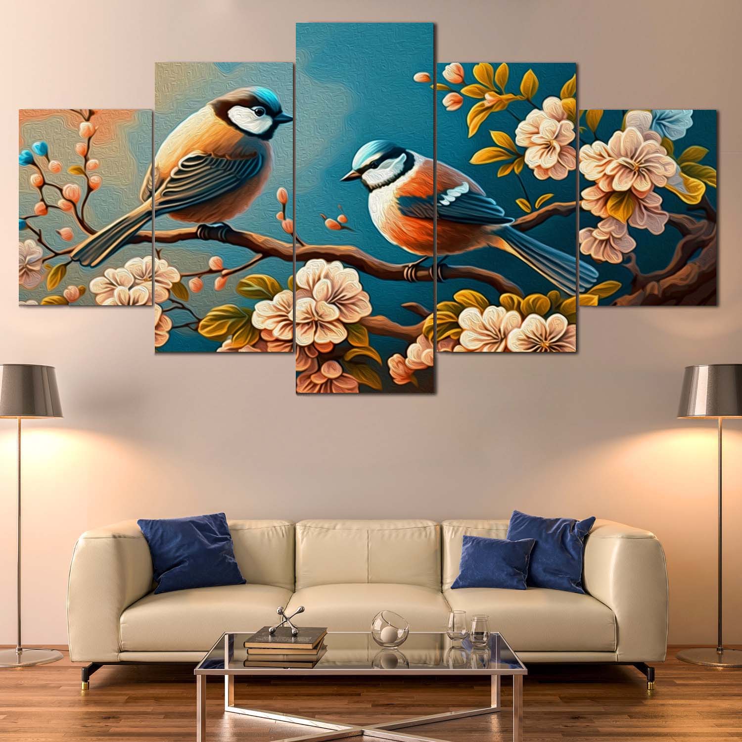 Beautifully Designed 5 Panel Canvas Featuring Couple Birds