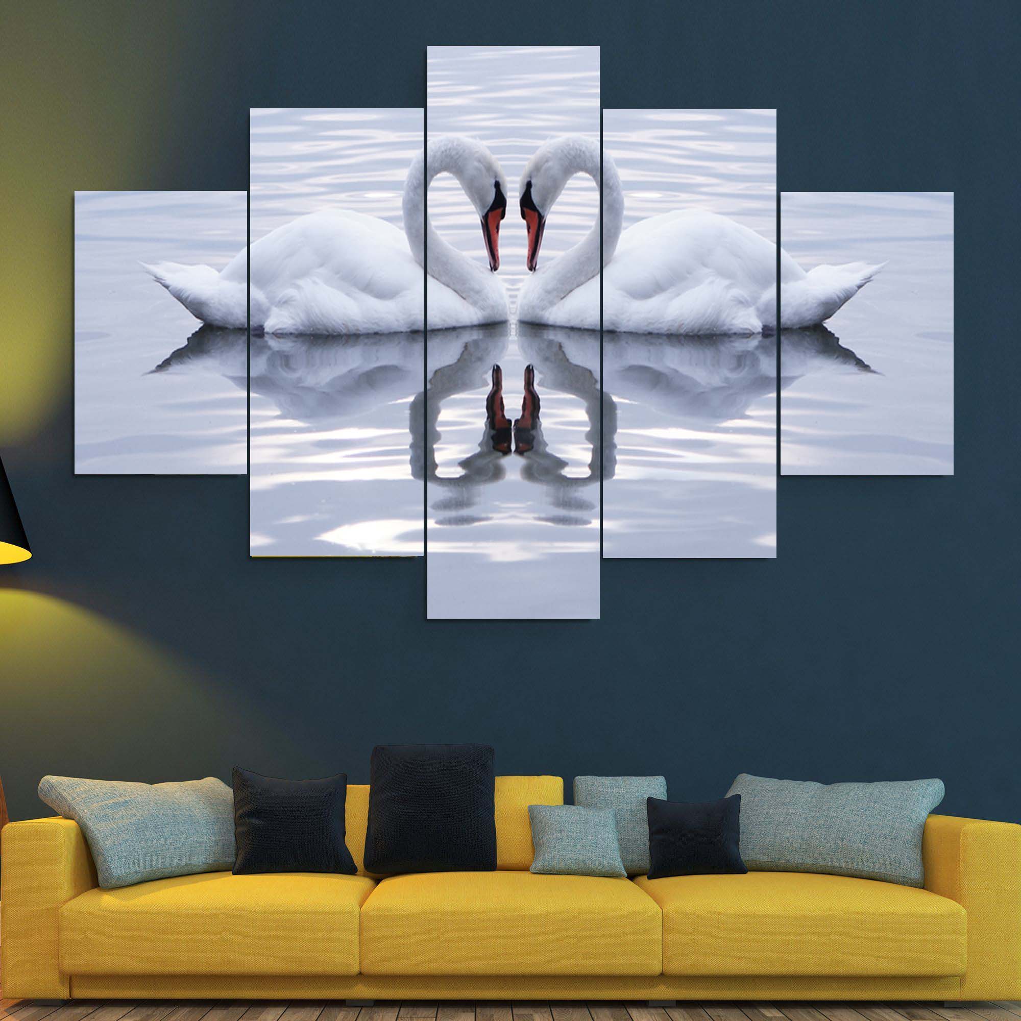 5 Panel White Swan Couple Canvas Floating On Water Hanging Frame Wall Art Decor