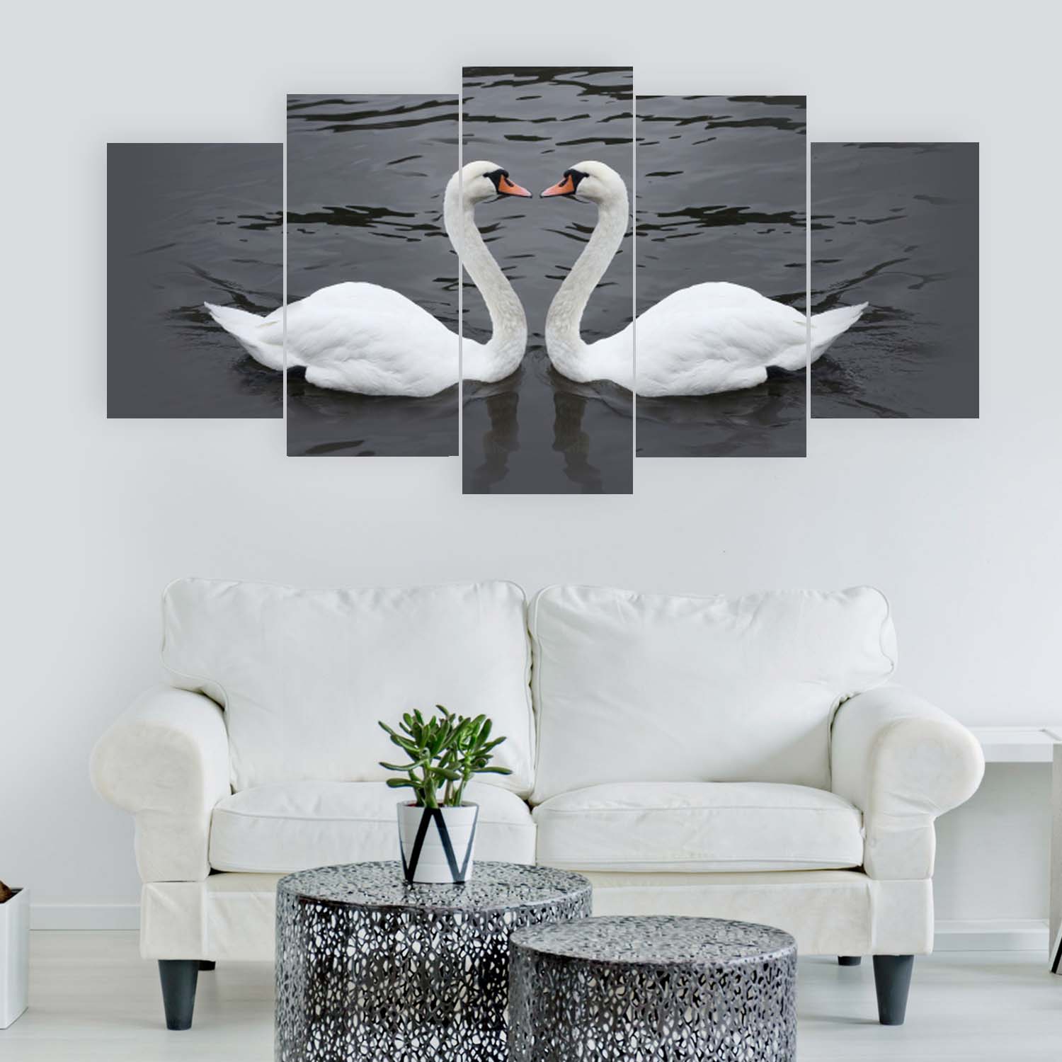 5 Panel White Swan Couple Canvas Floating On Water Hanging Frame Wall Art Decor
