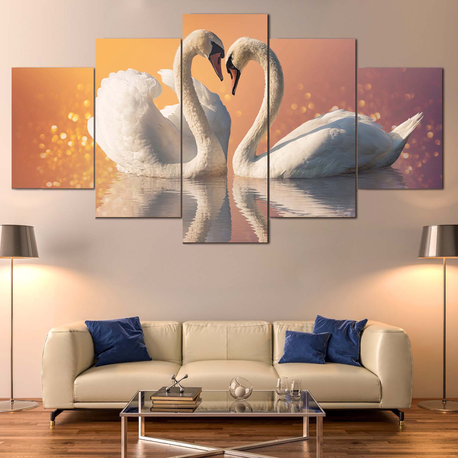 5 Panel White Swan Couple Canvas Floating On Water Hanging Frame Wall Art Decor