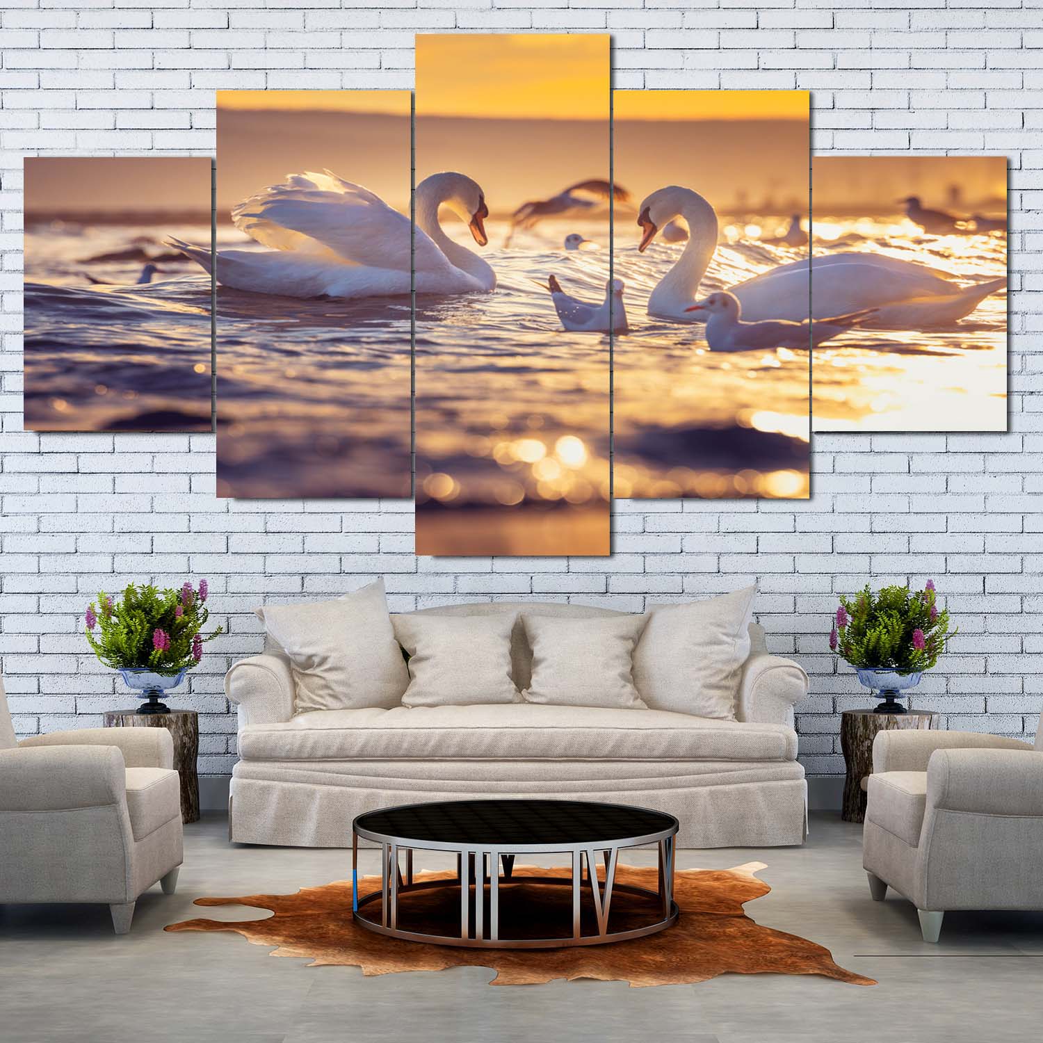 5 Panel White Swan Couple Canvas Floating On Water Hanging Frame Wall Art Decor