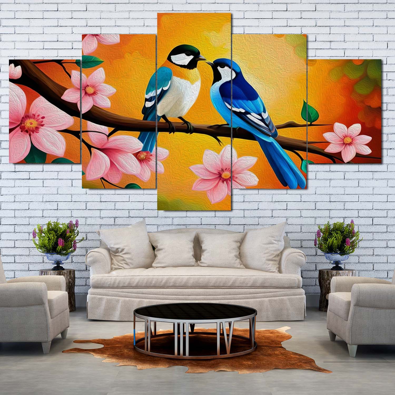 Beautifully Designed 5 Panel Canvas Featuring Couple Birds