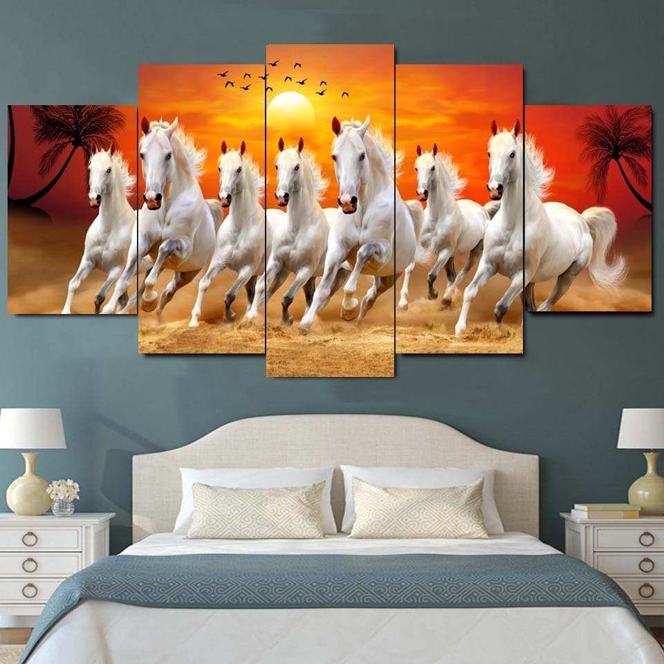 Lucky 5 Panel Horse Canvas For Good Luck And Fortune