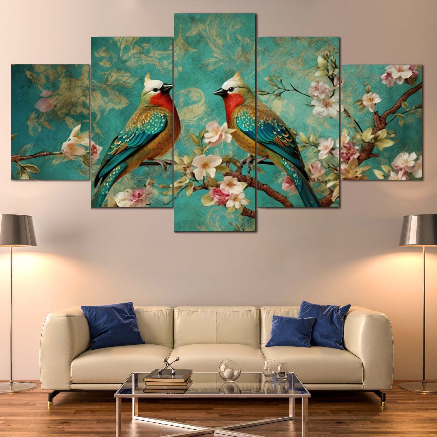 Beautifully Designed 5 Panel Canvas Featuring Couple Birds