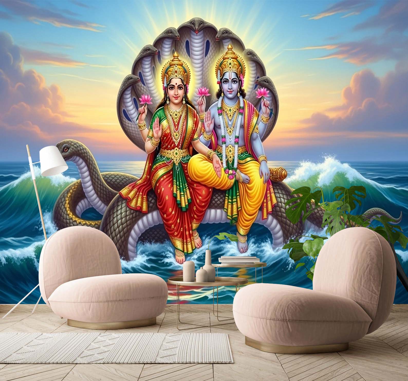 A Timeless Symbol of Faith, Peace And Abundance Lord Vishnu And Goddess Lakshmi Wall Mural