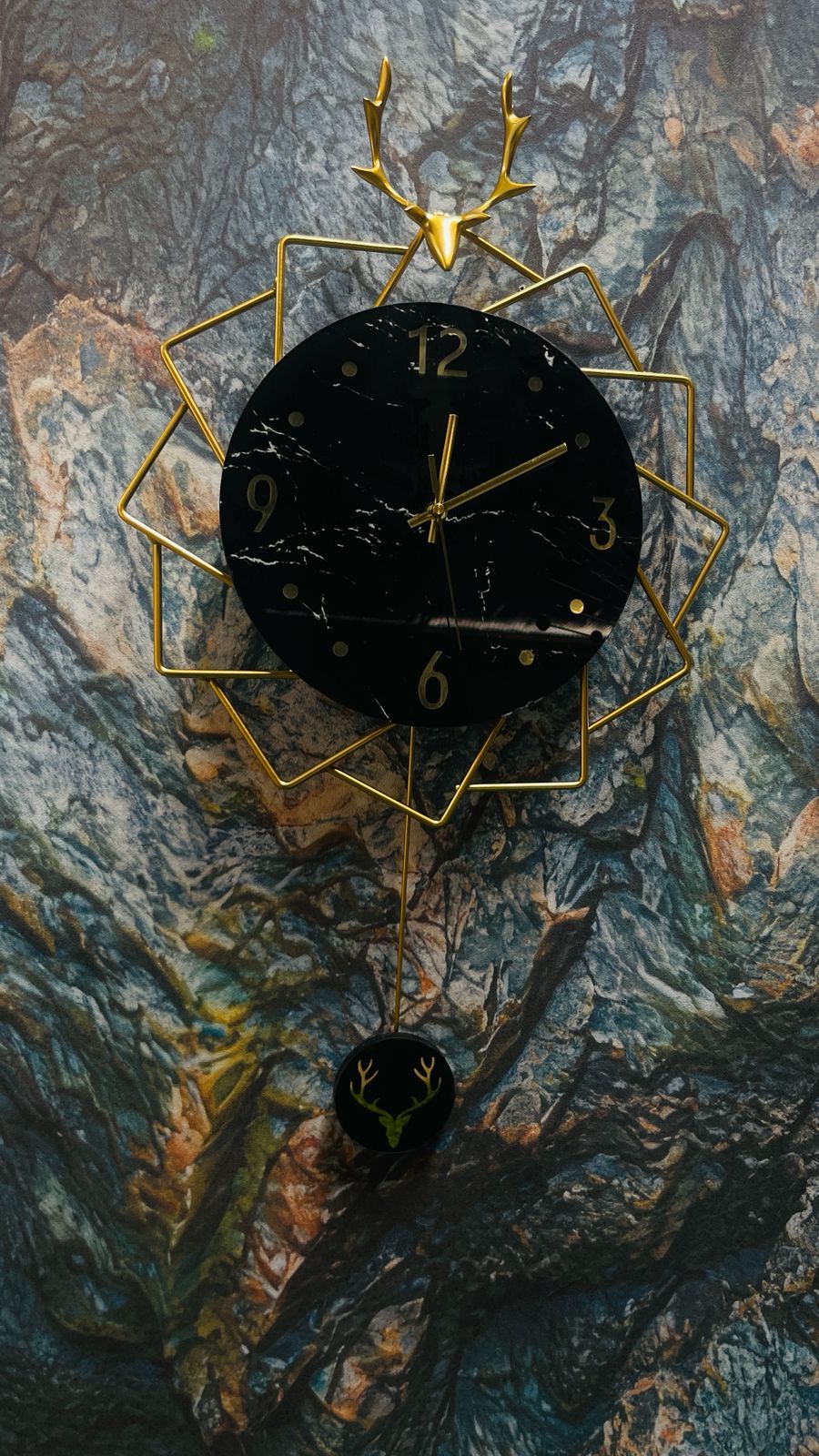 Stunning Deer Head Design Black And Gold Pendulum Wall Clock