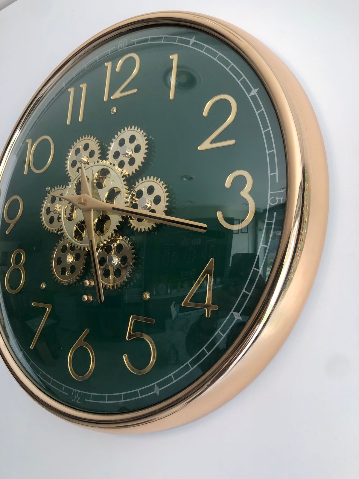 Vintage Metallic Golden Gears With Deep Green Face Wall Clock