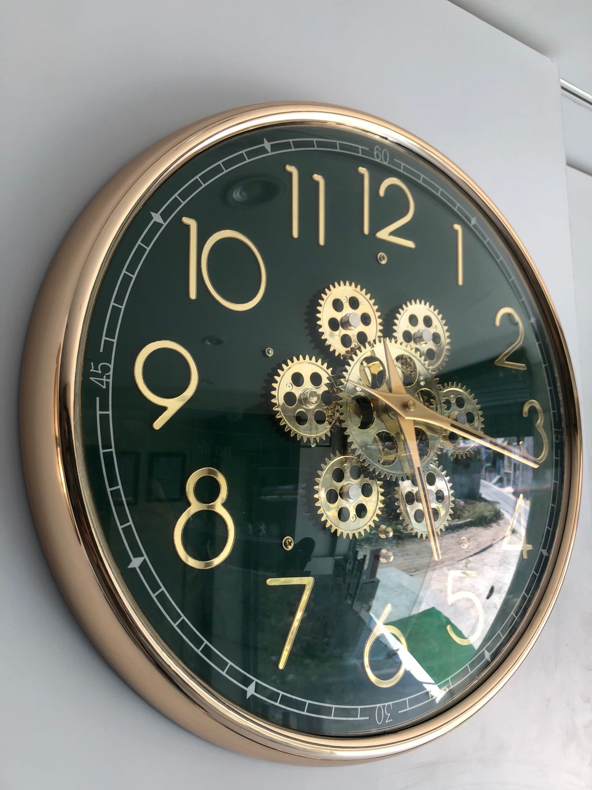 Vintage Metallic Golden Gears With Deep Green Face Wall Clock