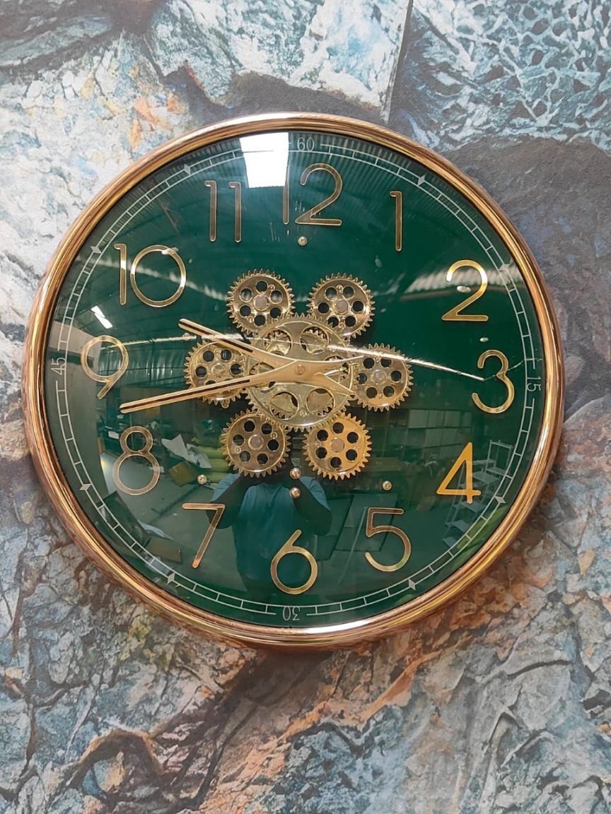 Vintage Metallic Golden Gears With Deep Green Face Wall Clock