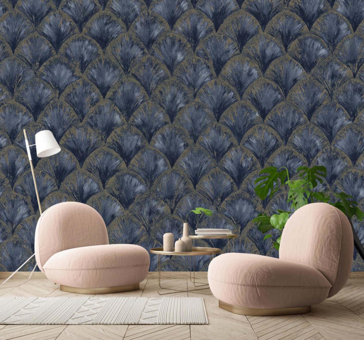 Blue -Gold Feather Pattern Wallpaper 💥 Size 57 sqft