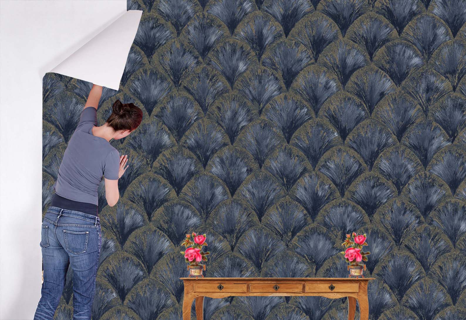 Blue -Gold Feather Pattern Wallpaper 💥 Size 57 sqft